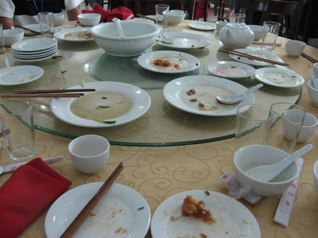 すごいでしょう？この食べっぷり。<br /><br />中国では、食べ残すくらいの量を出すのがマナーのようで、いつも多めに出てくるのに、みごと完食です！<br /><br />九寨溝では、高山病で十分に食べられなかったという人もいるし、あまりにも口に合わない料理だったということもあるのでしょう。