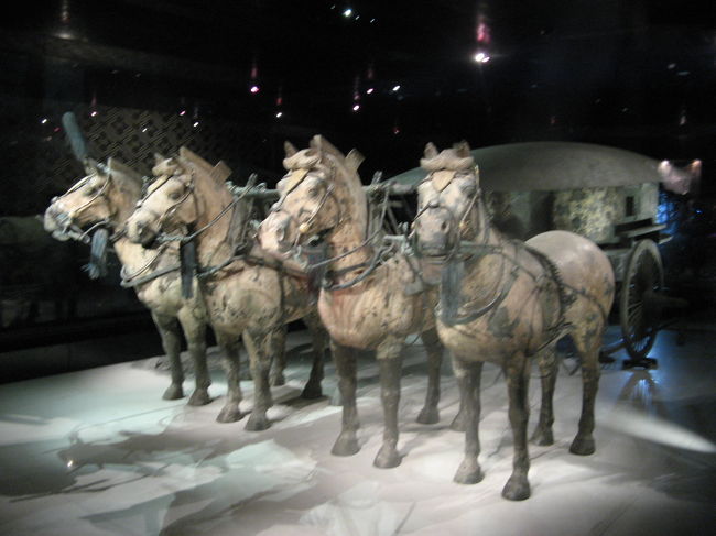 現在公開されているのは、一号坑、二号坑、三号坑と、出土した文物を展示する文物展示館。<br /><br />これは、文物展示館の中。<br /><br />秦の始皇帝が乗った馬車だとか？