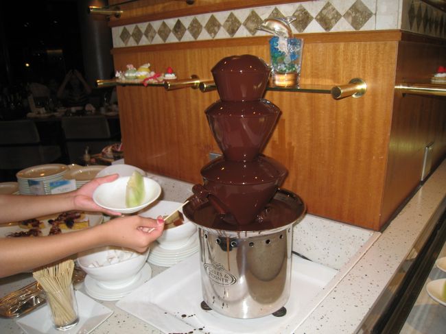 今日のデザートには・・・・チョコレート・フォンデゥが加わっていた<br />夕食はフランス料理とバイキングと選べる<br />我が家は何でも食べられるバイキングを選んだ<br />どーも、食事の写真は苦手！！<br />気がつくと、お皿の上は空・・・<br />バイキングには、お寿司、てんぷらの和食から、ロースとビーフ、ストロガノフ、スパゲッティと食べたいものが何でもある<br />小田原は魚も美味しいし、お料理は食べ過ぎるほどある・・・これなら２泊位しても飽きないかも<br />食事中、地震を感じる・・・どうやら東京で震度４の地震があったらしい<br />家の事と、ホテルに預けている愛犬が心配になる