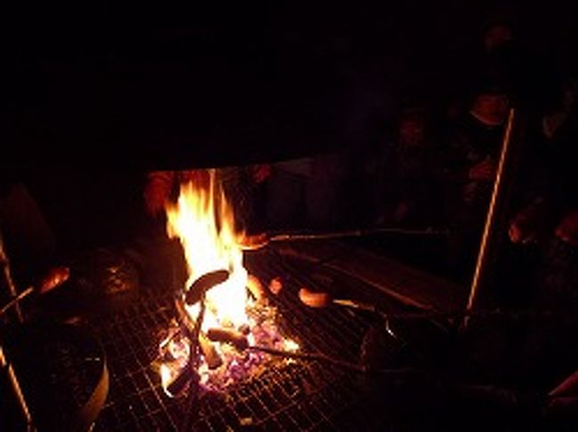 オーロラ観測の合間、小屋でソーセージをいただくことに☆<br />木の棒に刺して焼くだけなんやけど美味しい♪<br />それに冷えた体には炎の温かさがほんとに心地よくって、なかなか小屋から出られません。。<br />何しに来たんだかって感じ（笑）<br />ほかにもクレープ生地を焼いてそれにベリーのジャムを載せたものももらって、ココアを飲みながらまったり〜。<br />すごく美味しかった。<br />