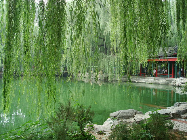 少し動物園内をお散歩。<br /><br />こんな中国らしい休憩所がありました。<br />柳と赤い建物が素敵です。