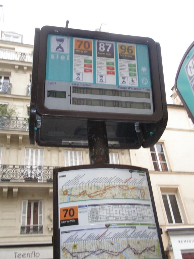 パリの路線バスはすごくわかりやすい！一方通行が多いことを注意すれば、ネットでバス停の位置まですぐわかる。バス停では、番号の下に、何分おきに来るのか、終点までの地図があります。地下鉄を乗り継がなければならないところでは、たいがいバスで１本で行けたりします。きょうは、９６番バスでノートルダムやマレ地区へ。