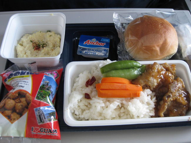 こちらは大人。<br />お肉ちょっとかためだったかな。<br /><br />コンビニから持ち帰った<br />「Guam life」という情報誌が<br />面白くて、ホテルの夜やこの機内で<br />し〜っかり読みました。<br />グアムの歴史やホテル史やら、<br />なかなか内容が濃く深く、楽しめました。<br /><br />こうして機内食の写真を撮って旅の写真もラストと<br />なり、あとは寝るのみ。<br />(_ _)ＺＺＺ...<br /><br /><br />グアムの空気を<br />ほんわり〜と少しだけでも<br />お届けできたでしょうか・・？<br /><br />★今回の旅でなんだかまたグッと<br />ＧＵＡＭが好きになりました！<br />まだまだ知らないＧＵＡＭ、<br />知りたいＧＵＡＭがいっぱいです。<br /><br />絶対にまた来よう。<br />がんばって、また地道に現実の節約生活ダ。<br />その元気をくれたＧＵＡＭの旅でした。<br /><br />　　Ｉlove GUAM！　\(^o^)／