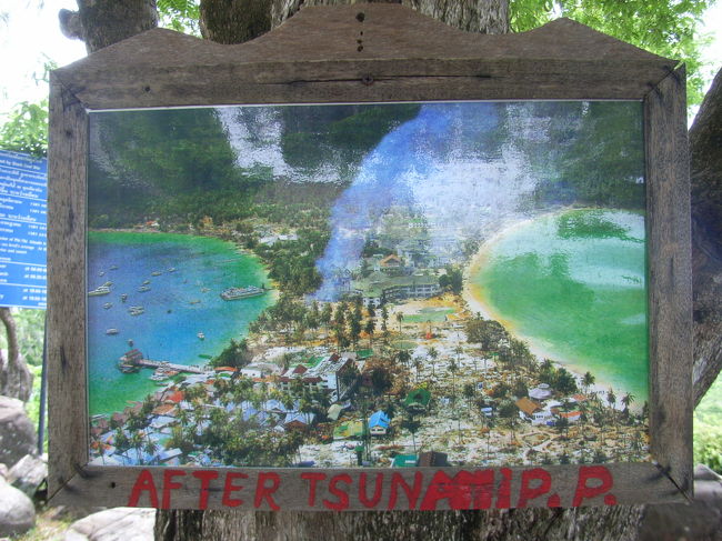 View Pointにあった写真です。津波直後の写真です。ローダラムベイ側の被害が大きく、小さなコテージは全壊です。この写真をみると津波の被害の大きさがわかります。