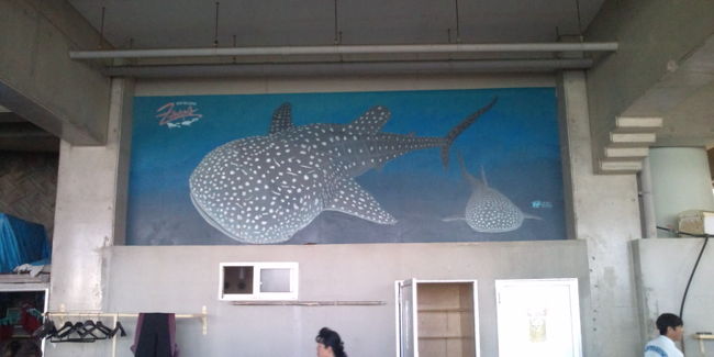 午前中は、近くの読谷漁港から出発する「ジンベエザメシュノーケリング」に参加。写真はツアーを開催する「トップマリン残波」に書かれたジンベエザメの絵です。<br />前日美ら海水族館で見た、あのジンベエザメが間近で見られるとあって、期待が高まります。