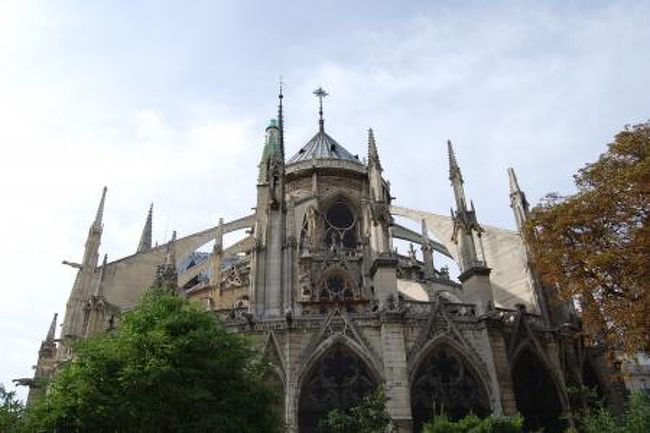 カフェ・マドレーヌで昼食をとった後、ふたたびベリブで市内をサイクリング。<br />ベリブは20分ごとに料金が発生するので、市内のいたるところにあるベリブ駐輪場に15分くらいの間隔で駐車。ちなみに利用はカードなのだが、承認は機会のご機嫌次第みたいなところアリ。<br />パリではマイナーなJCBで通したところ、すんなり通ったが、後から来たイタリア人の方がVISAで通したら承認されず困っていた。<br />普通はVISAのほうが通りそうなはずなのだが。<br />ちなみに自転車は車道を走るのだが、（パリの交通事情を考えると「異国で車道をサイクリング」というのがどうも怖かったのだが）パリのドライバーさんは自転車や歩行者にとても優しい。<br /><br />写真はサンルイ島までベリブで行った後少しあるいて、ノートルダム大聖堂の後姿。