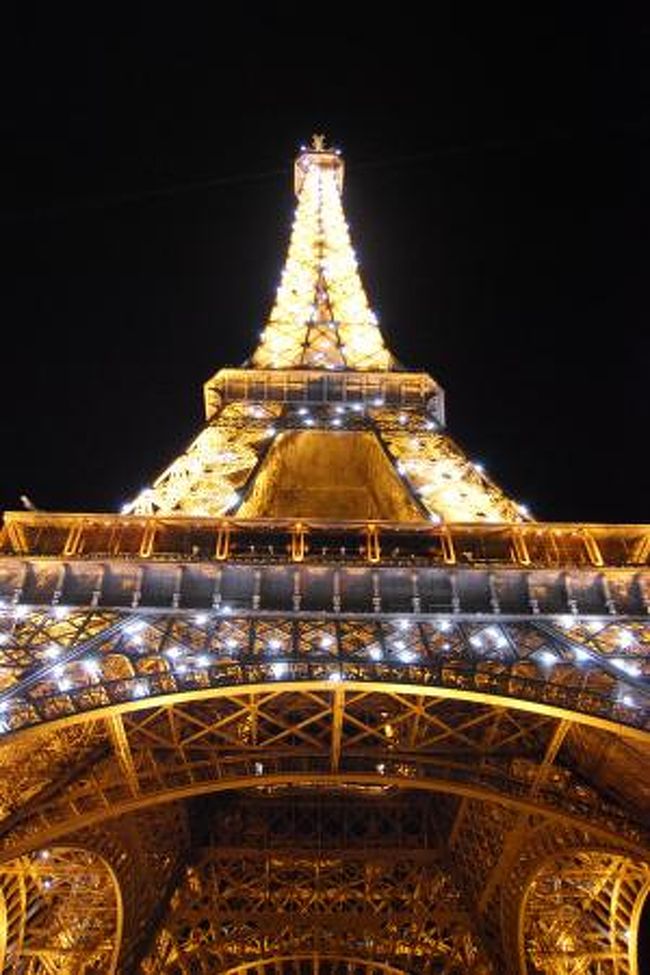 お腹が満たされたらベリブにてライトアップされたエッフェル塔へ。<br />昨年10月の時は、EU議長国の記念イベントだったらしくブルーにライトアップされていたエッフェル塔。<br />しかし今回は、通常通り黄色く（ゴールドに…と言ったほうが良いのだろうか）ライトアップ。<br />毎定時の「点滅5分間」<br />撮影した場所が近すぎて点滅のキラキラが全然写せていませんでしたorz