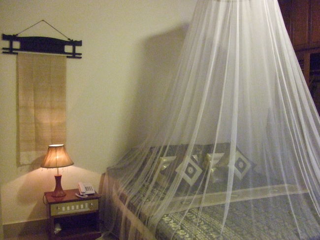 空港から車でホテルまで送ってもらい、チェックイン。<br />今回の宿は『アンタヌーアンコールヴィラ』。<br />キャンペーン価格で、シングル3泊80$です。<br />宿のスタッフは英語と、少しの日本語で話してくれました。<br />ベッドには蚊帳があってちょっとお姫様気分♪<br />荷物を置いて、夕飯を食べに行く事にしました。