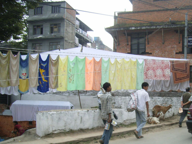 カトマンズはごみごみした街。水場の側で洗濯屋？が洗ったものを干している。