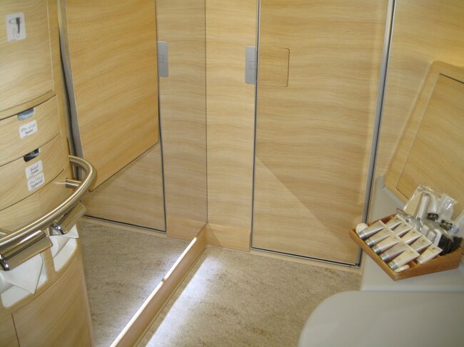 右側のシャワースパは奥が機械室のようでドアがあるため、<br />ソファが回りこんでない。