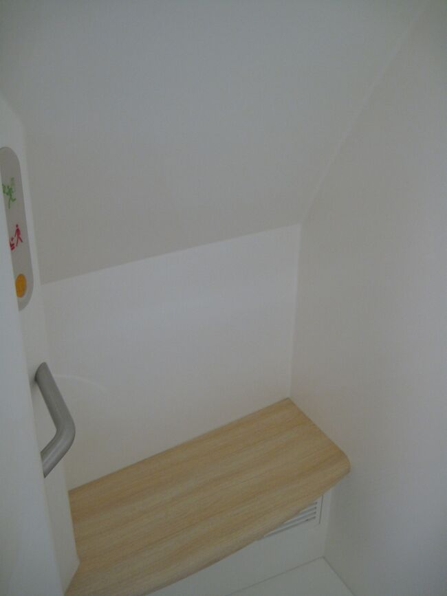 シャワー中、<br />揺れた時のためのイスと手すりがついている。