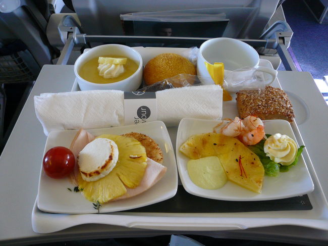 NH209は定刻にﾌﾗﾝｸﾌﾙﾄに到着。<br />ﾌﾗﾝｸﾌﾙﾄ空港での入国審査は簡単に完了し、ﾐﾗﾉ・ﾘﾅｰﾃ空港行きの乗り換え時間は１時間ですが、ｹﾞｰﾄは入国審査後すぐのｾｷｭﾙﾃｨﾁｪｯｸ(Ｘ線検査)正面のB4に変更されており、無事完了。<br />【LH3956】FRA(17:35)→LIN(18:45)<br />ﾙﾌﾄﾊﾝｻﾞ欧州線のﾋﾞｼﾞﾈｽｼｰﾄはB席をﾃｰﾌﾞﾙにしただけのｼｰﾄ。写真はﾌﾙｰﾂ入りのﾃﾞｨﾅｰです。<br />さすがにANA便で食べっぱなしで食欲なし。