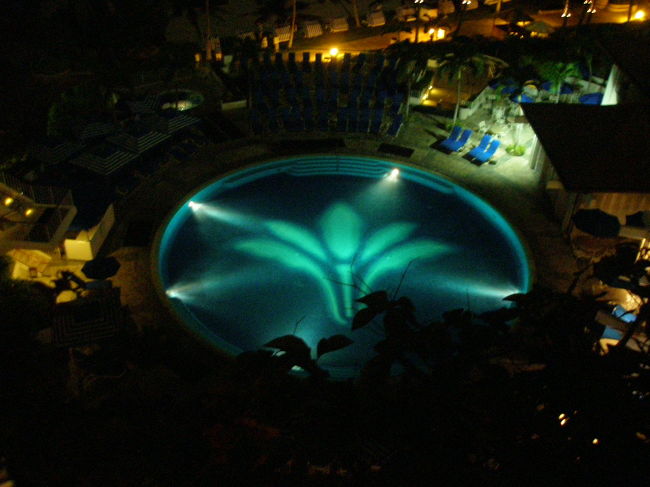 その日はホテルでのんびりして過ごしました。<br /><br />このホテル、本当に素晴らしいホテルなんですが、食事が大変なんです！だって、周りにはこのホテル以外は何もないのだから・・・<br /><br />しかも、ホテル内のレストランは当然めっちゃ高い！！！<br /><br />夕食はホテル内のレストランでハンバーガーで。<br /><br />これは、部屋から見える夜のプールです。<br />