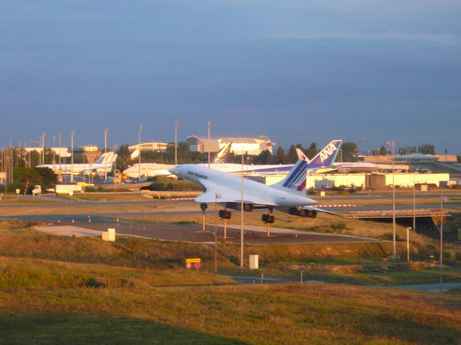 別の方向には　コンコルドのモニュメント（本物らしい）とその遥か向こうにはＡＮＡの747-400が駐機されています。<br />そうなのです8/16発のNH206は24時間後の出発となってしまったのでした。<br />この内容がラウンジで発表されたときは一瞬パニックになってました。いろんなトラブルを経験したtamtamですが24時間の延期は初めてでした。<br />ANAが手配してくれたHILTON CDGに宿泊し朝を迎えました。