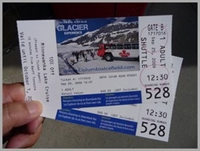 ミネワンカ湖クルーズ割引券付き♪もういらないけど<br /><br />氷河ツアーを運営しているブルースターBrewster社のウエブサイトには事前予約は不要と書いてあったので、飛び込みで切符を買う。なんのことはない、ツアーは30分ごとに出ているのでたいていその場で次のツアーの切符が手に入る。1時間半のツアーは一人49ドルなり。カナダは何でも高い。<br /><br />これ以外にプロのガイドの案内で氷河を3時間程度ハイクするツアーを運営している会社もあるが、人一倍寒がりの妻を持つ場合検討すら不可である。ガイドなしで氷河に入って歩こうとする人もいるらしいが、クレバスと呼ばれる氷河の深い割れ目は素人には分かりづらく、踏んでしまえば数十メートルの氷の穴の中に転落してしまう。転落で命をとりとめても急激に体温を奪われ結局は助からないそうなので、やめた方がいい。