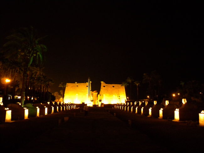 ルクソール神殿へ<br /><br />スフィンクス参道から見る．<br />こちらは、夜間拝観可！ですよ．