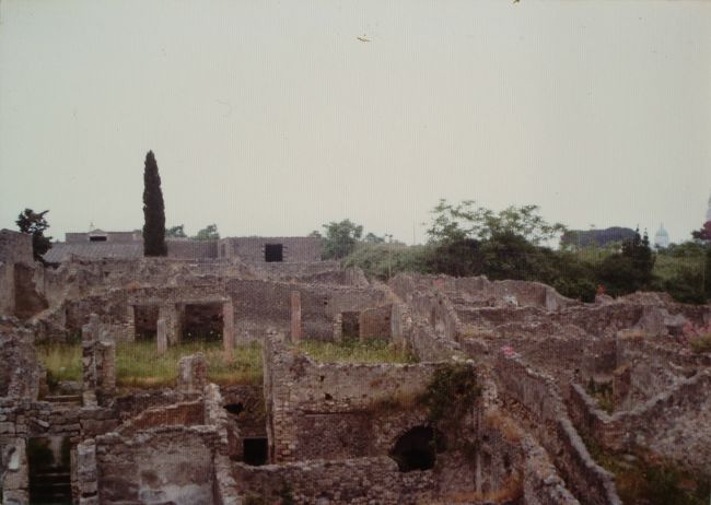 ポンペイの遺跡。<br />建物の壁は残されているが、屋根が残っているのはほとんど見かけなかった。<br />まだ、遺跡は発掘途中だ。