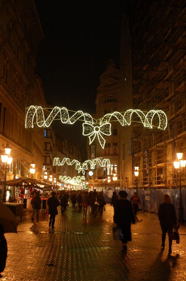 外はクリスマス前でイルミネーションがきれい。<br />ホテルのそばの広場で小さなクリスマスマーケットが催されていた。<br />フランクフルトのそれよりずっと規模は小さいが、<br />手作りのクリスマス飾りやリーフが並び、ほのぼのとした雰囲気。<br />