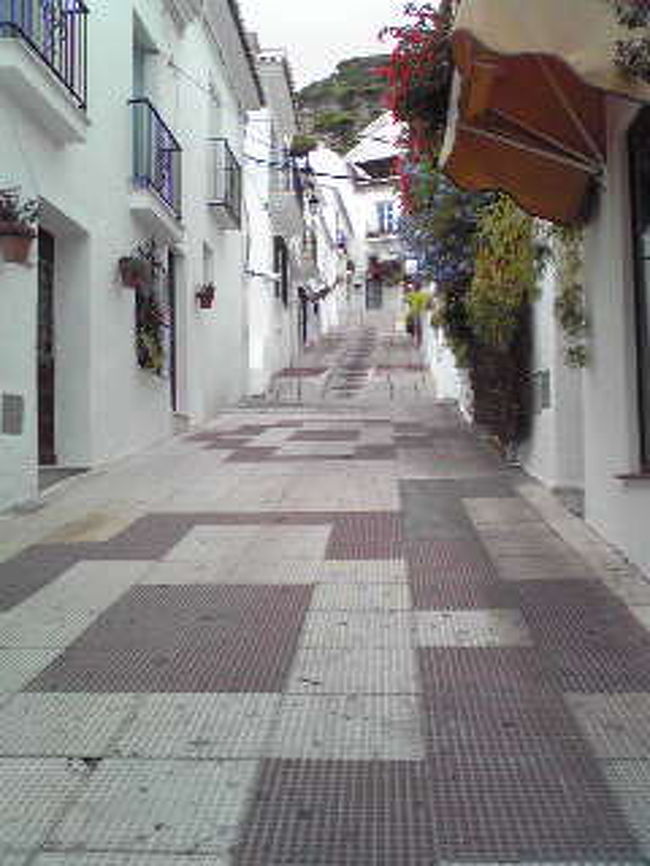 ミハスの家並み。<br />ミハスで約１時間散策し、スペインで一番小さい闘牛場、ほこらの礼拝堂、展望台などを見て回って、添乗員さんのおすすめのアーモンドを砂糖で煎ったお菓子を３パック購入し、バスに乗り込み今晩の宿泊地であるマルベーヤに向かった。<br />途中、海の向こうに三角形のジブラルタルが見えた。めったに見えないらしいがラッキーだった。