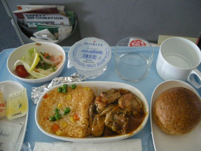 こちらは大人の、エコノミークラスの機内食。<br />メーンはチキンライスと、鶏の照り焼き風。<br />おいしかったです。<br />