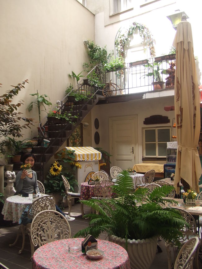 橋を渡りきり、プラハ城に向かう道沿いに、素敵なカフェ発見！他にもレストランはあったのだけど、引き寄せられるように中へ入ってみました。壁に囲まれるこじんまりとしたスペースに、小さなテーブルがセットされていました。うん、イイ感じだぁ！<br /><br />メニューは単品モノばかりだったと記憶しています。スープとパスタとマッシュポテトみたいなやつを、二人で注文しました。