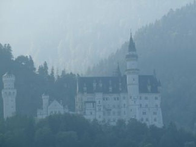 ヴィースを後にしていよいよ私が最も見たかったひとつであるノイシュバンシュタイン城へ向かいました。<br /><br />途中の広場から見えたノイシュバンシュタイン城です。<br />望遠マックスで撮りました。