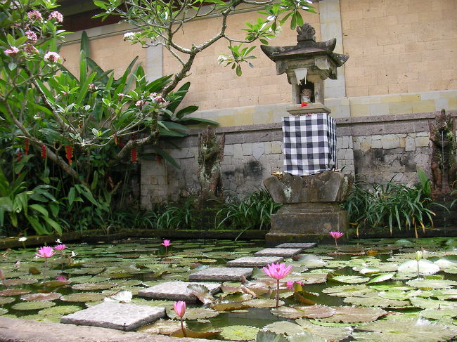 アマンへの旅。まずはアマンダリへ。<br />深夜に空港に着くと、真っ白い制服のアマンのお迎え。<br />ムッとする熱気の中、冷たいお水とおしぼりの快適な車内の送迎でウブドへ。<br /><br />フロント横のお池。