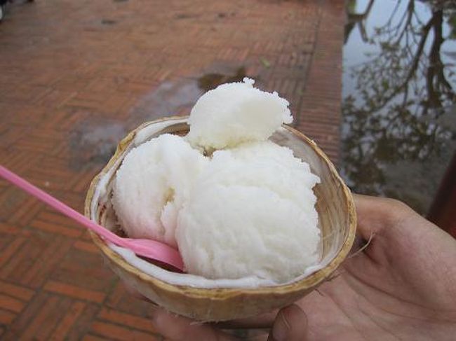 このココナッツアイス、ココナッツの器に、ココナッツの実も入ってとてもおいしかった。20バーツ（60円）。<br /> 