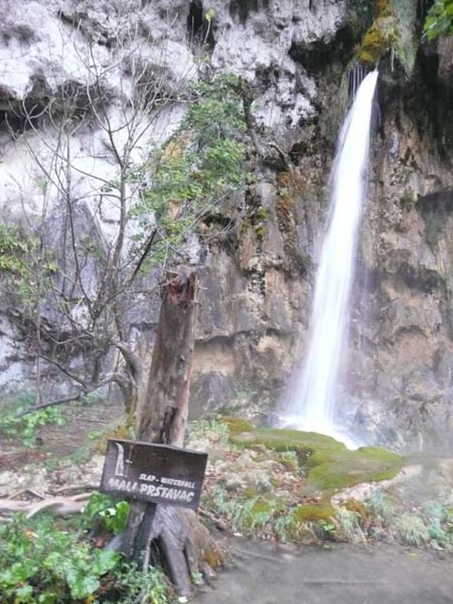 ←プリトヴィッツェ湖群国立公園（上湖群）<br /><br />午後4時半、「MAU　PRSTAVAC」滝<br /><br />この後は、撮影スポットもなくかなりの早足で歩きました。<br /><br />ST4への急な石段を登る頃には、雨が雪に変わりました。<br />ST4の屋根付き停留所で待っているとすぐに、電動のエコバスが現れました。連結車両のエコバスですが、後部車両が脱輪することもなく曲がりくねった山道を登り、エントランス2にほど近いST2にあっという間に着きました。<br /><br />5時頃、ST2から歩いて数分のホテルに無事到着。<br /><br />添乗員さんの出迎えを受け、ホテルのロビーに入りましたが、私たちが思いの外早く到着したので驚かれました。<br />2カ所ほどの写真スポット以外は殆ど休まず早足で歩いたのですから・・・ね。