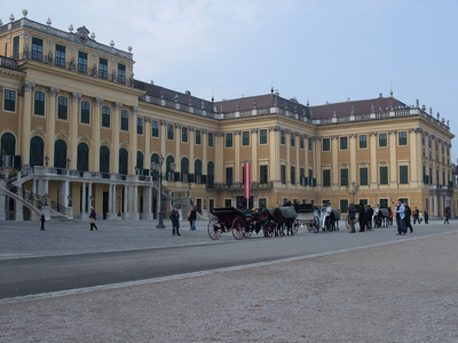 門側からのシェーンブルン宮殿です。<br /><br />なんか日本でよく見る写真とちょっと色違わない？<br />影になってるからかなー。