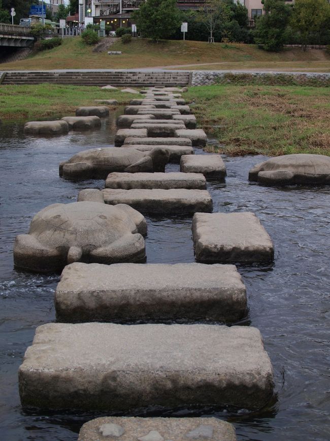 鴨川を挟んで、こうやって渡れるようになってます。<br /><br />写真で見た事あって、どうしてもやってみたかったの〜<br /><br /><br />ワクワクしつつ、渡り出す。。。。<br /><br /><br />