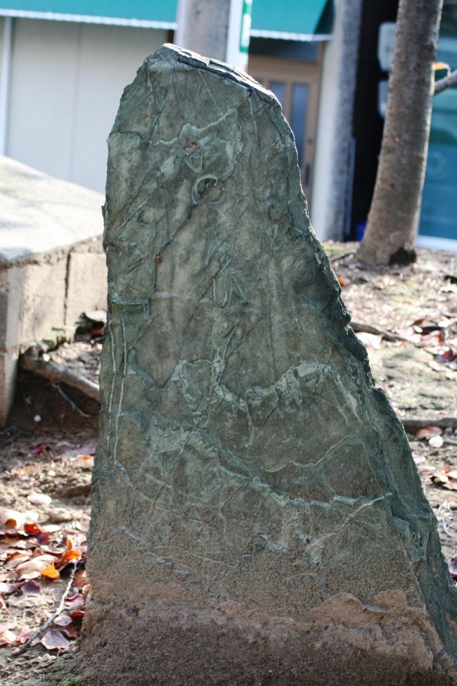 文字らしい物がいくつか見えますが、判読は全く出来ません。?落するように風化した石碑です。