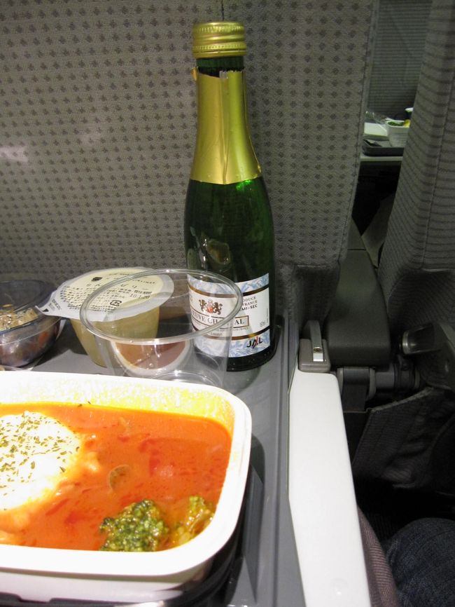 前回の旅行に続き、シャンパンを頼んでみました。<br />まずいイメージの機内食。<br />でもなかなかおいしかったです。<br />最近いろいろ工夫をこらしてますよねぇ。