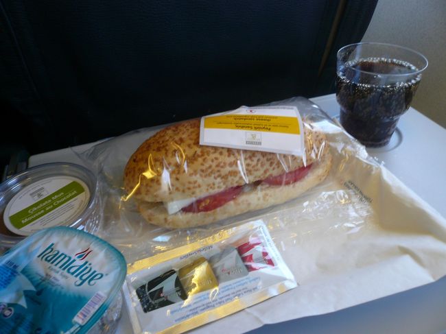 トマトとチーズのサンドイッチ。<br />ごまたっぷりのパンだったので、娘もよろこんでたべてました。チョコレートムースもおいしかったです〜