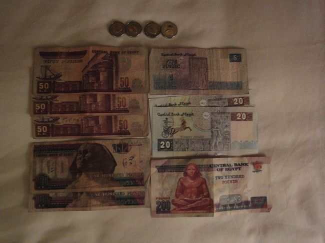両替したエジプトのお金です。<br />噂通りなんだか湿った紙でした。<br />予想よりは汚くないのですが、匂いが・・・。<br />片面がアラビア文字ばっかりだったので、お金払う時に両面をちゃんと見て払ってました。