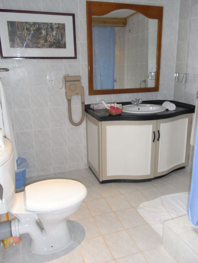 部屋のバスルーム。<br />湯船はなく、シャワーだけでした。<br /><br />部屋にはどこからかアリが入ってきます。毎日、遊びから帰ってくると、石張りの床にはなにか液体が塗られ、アリが死んでいました。<br /><br />ホテルの真ん中にプールがあった（あまりきれい＆広くない）ので、泳いでみると、枯れ葉ばかりで即効上がる。<br />プールにはいったせいか、アリを殺すための液体のせいか、毎日湿疹が胸より下に出るようになりました。