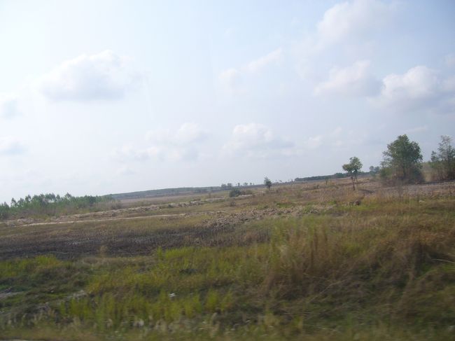 サケーオ到着。２時間３０ぐらいかかって、小さいバスターミナルで待っていると、カンボジアとの国境の町アランヤプラテート行きのバスが来たので、それに乗りかえ。<br />どちらのバスも観光客らしき人はおらず、地元民ばかりでした。<br />サケーオからは、ずっとこんな景色が続いてました。