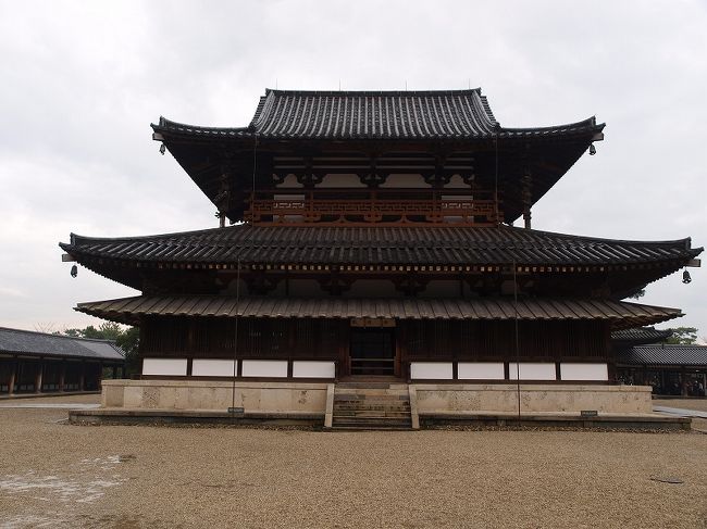 工事中の大講堂から　金堂を写す<br /><br />飛鳥時代建立　昭和２４年壁画焼損　<br /><br />その時の焼けた木材まで現在も大事に保存されています。