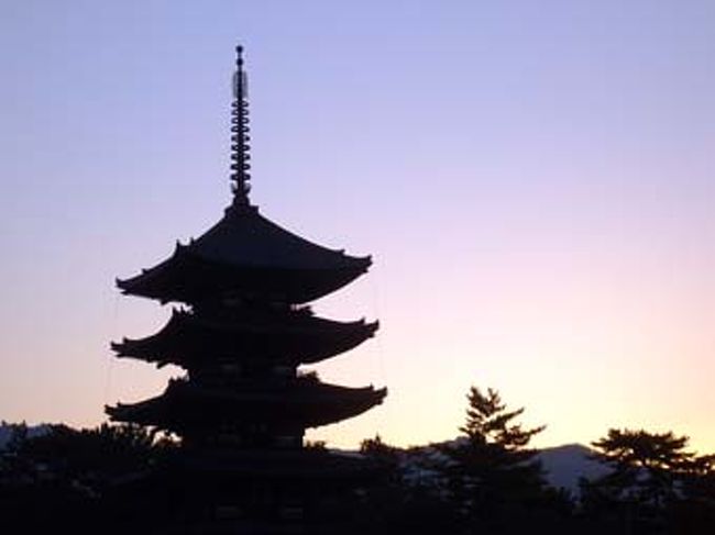 きんきんの冷たい空気のなかの朝日を拝みながら。興福寺の三重塔。