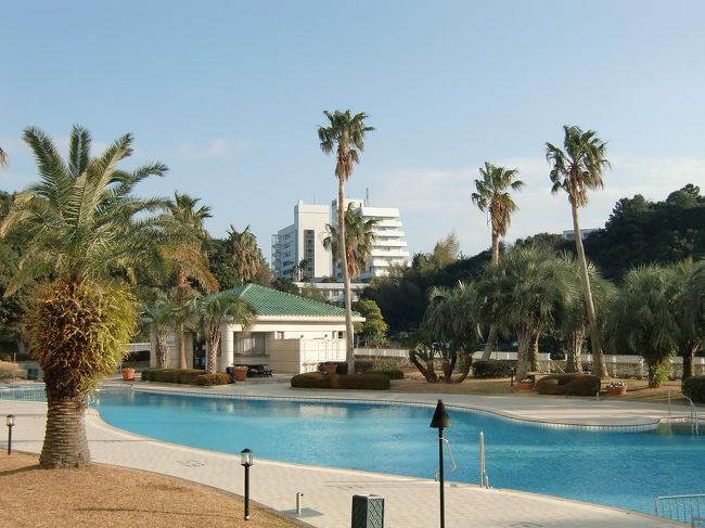 ガーデンプールの回りにはフェニックスやパームツリーが植えられ南国ムードを演出している。写真：アネックス棟のプールより本館方面を見る