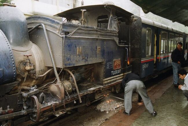 この時、雨期の土砂崩れのため、トイ・トレインは一部区間が不通となっていた。<br /><br />私は、ダージリンから約5kmの所にあるグームの駅に行き、そこからダージリンまで乗車することにした。<br /><br />グーム出発は9：00の予定が大幅に遅れて10：00発となった。<br /><br />トイ・トレインは人が走るのと同じぐらいの速さで進む。<br />霧のため風景はあまりよく見えないが、山岳鉄道の気分を味わうことができた。<br /><br /><br />午後は、チベタン難民センターを訪れ、カーペット作りの作業などを見学した。