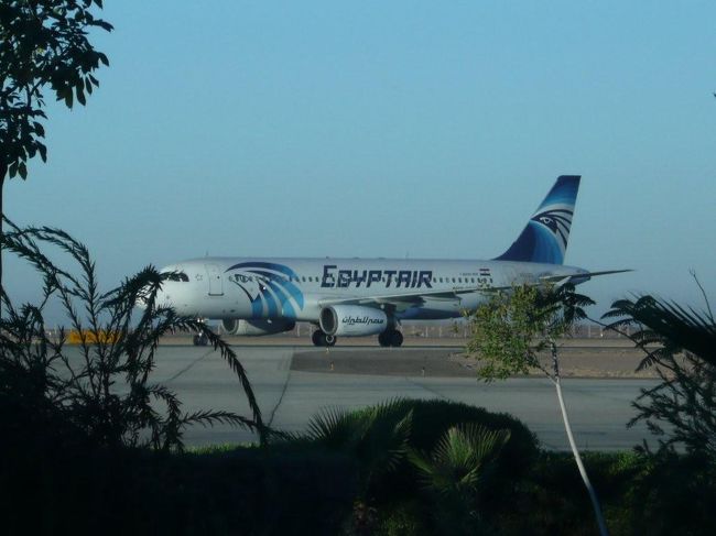 アスワンからアブシンベルまで飛ぶエジプト航空のA320型。実はカイロから飛んできました。おかげでいきなりディレイです。やってくれました。
