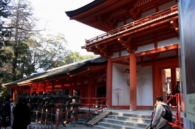 南門と南回廊<br /><br />南回廊は南門を中心に東西に２１ｍづつ広がり、両端は北折れして東西の回廊に繋がります。<br /><br />尚、御本殿の四方を囲む回廊のうち、西・北・東回廊は重要文化財に指定されていますが、南回廊だけは指定されていないようです。<br />