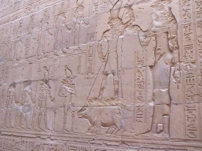 カバの形をしたセトの上にホルスが乗ります。結局のところ、何の話かさっぱり分かりません（ガイドさんの言う順番に従うと、セトがだんだん大きくなるようです）。物語が分かったら、このページを更新します。カバは人間にとって危険な動物でしたので、古代エジプトでは悪者セトを代表する動物として描かれました。カバだけではありません。このレリーフの上の方にある同様なレリーフを見ると、