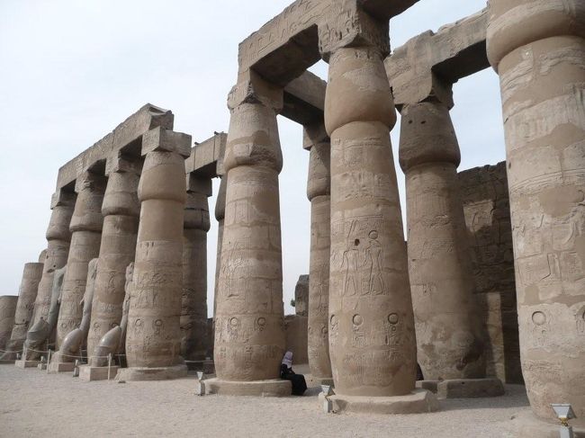 ●ラムセス2世の中庭<br /><br />第一塔門を抜けると目の前に大きく広がる四角い広場。57m x 51mの広さを誇る。4方向には2列の列柱が並んでいる。74本の列柱はパピルス柱となっており、元々は天井に覆われていたと思われる。<br /><br />柱にはラムセス2世のいろんなシーンのレリーフが入れられている。