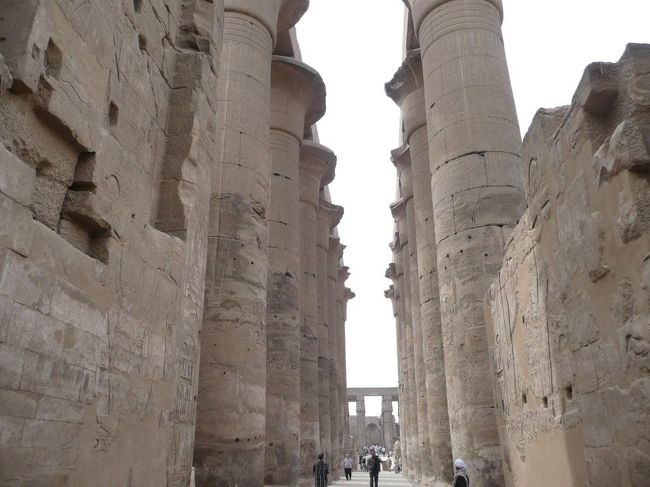 ●大列柱廊<br /><br />第2塔門を通ると目の前に高さ19メートルものパピルス柱が左右に7本ずつ立ち並んでいる柱廊へと出る。この部分はアメンホテプ3世によって建てられた部分。<br /><br />しかしながら柱にはアメンホテプのみならず、セティ、ツタンクアモン、ホルエムホプ、ラムセス2世の名前も入れられている。