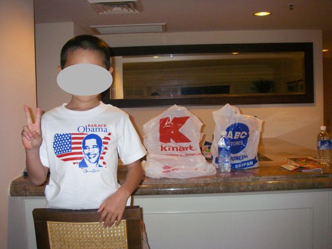 お部屋にはこんなカウンターキッチンも。<br /><br /><br />ウケ狙いで買ったオバマＴシャツ１６＄<br />どうよ　ﾍ(￣ｰ￣ )