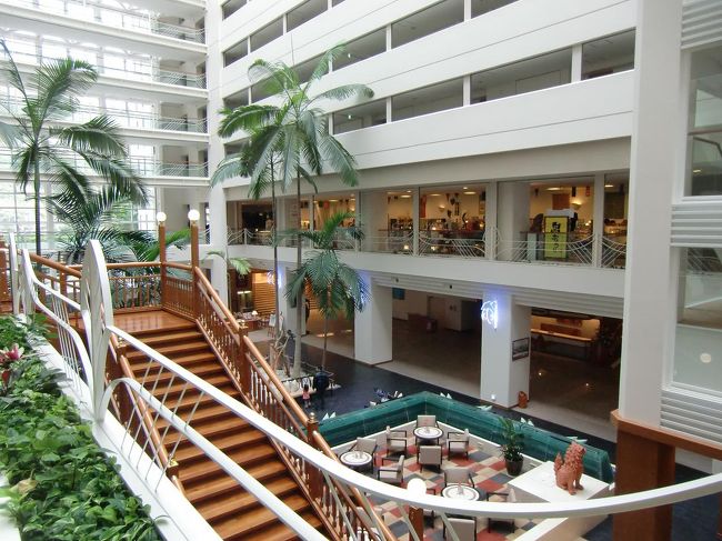 外は荒れていても館内は南国ムードである。朝食後は吹き抜けのアトリウム（写真）１階にあるロビーラウンジに行く。