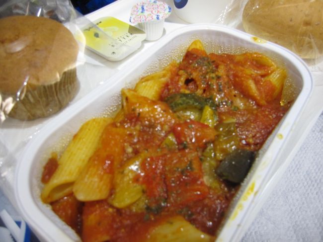 出発前は何かとﾊﾞﾀﾊﾞﾀで<br />疲れていたせいか最初の機内食を食べた後は<br />数時間かなりの熟睡！<br /><br />起きて、朝食？はラタトゥイユ。<br />これがすごくおいしかった。