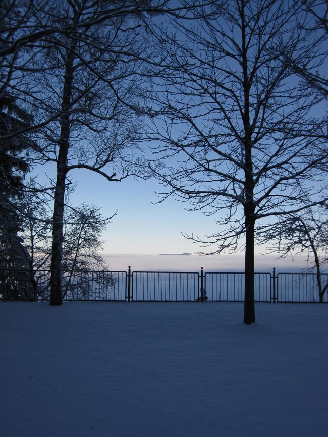 下は霧が立ち込めていて幻想的です。<br /><br />ちなみにこの30分の山登りを寒波が来ていることもありすごく心配していたのですが<br />（足元滑らないだろうかとか、寒くないだろうか、など）<br />道はきちんと舗装されていて、<br />周りは雪が積もっているけれど道は全く滑る心配もなく登れましたし、<br />寒さ対策をしっかりして行けば寒さもそこまで<br />感じませんでした。